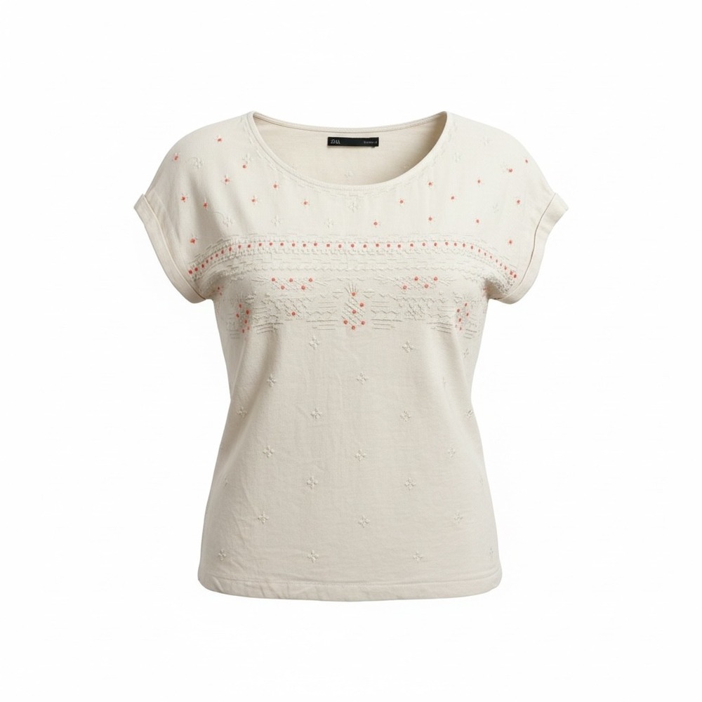 Sfera Womens Off White Embroidered Boho Blouse Short Sleeve Beaded Top Size S
